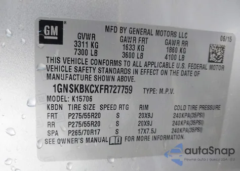 2015 Chevrolet Tahoe Lt из США, поврежденный, VIN 1GNSKBKCXFR727759